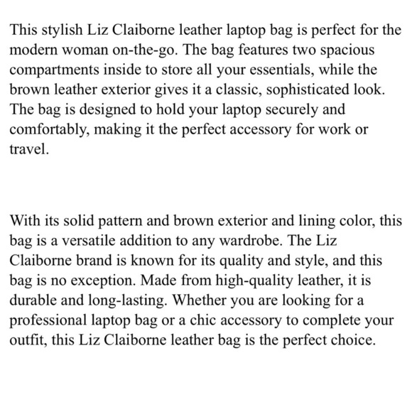 Liz Claiborne Leather Laptop Bag With Two Spacious Compartments Sophisticated - Picture 6 of 6